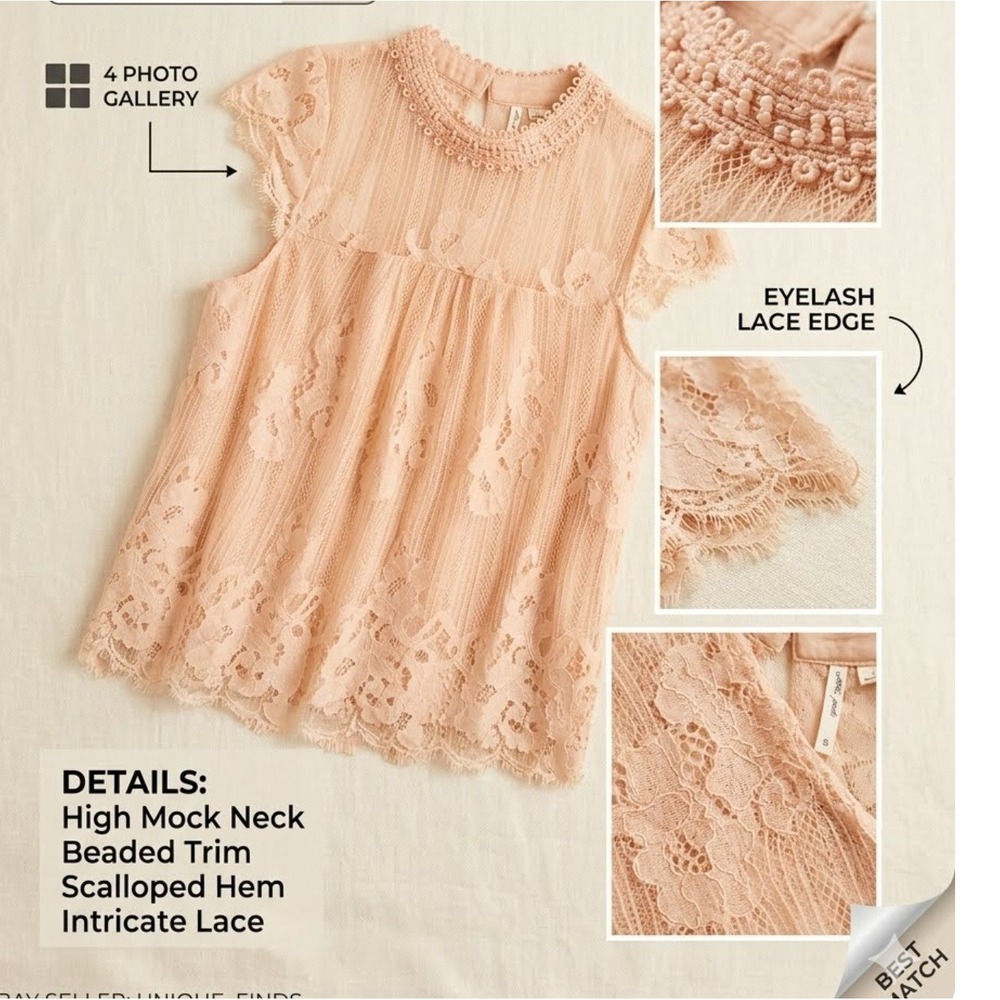 Cottagecore Lace Mock Neck Sleeveless Blouse Peach Blush Eyelash Trim Large